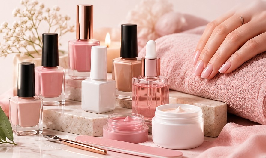 Produtos de beleza e cuidado de unhas sem marcas, em tons rosa e neutros